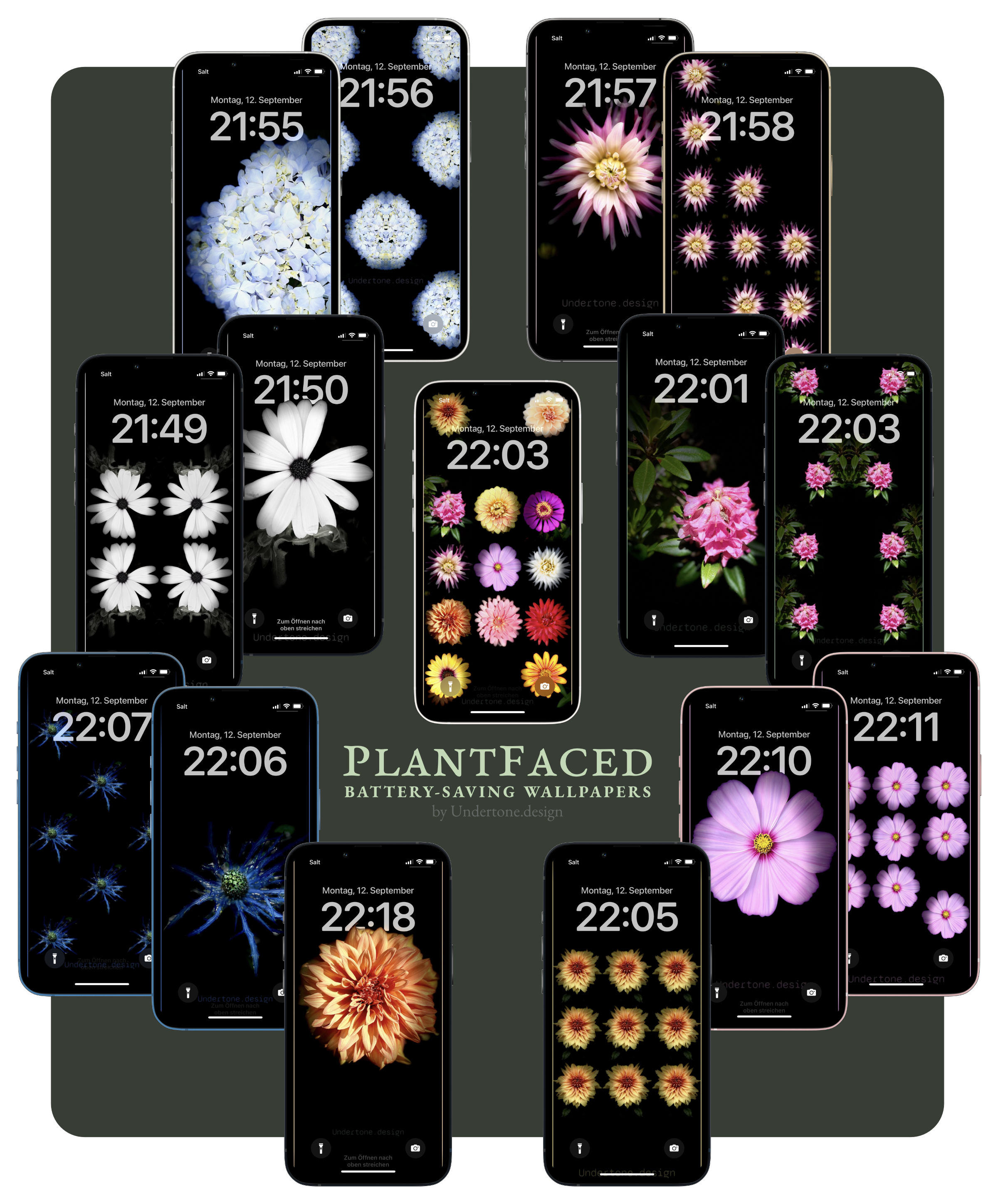 #PlantFaced collection of energy-saving mobile device wallpapers based on flowers created by Fabio Crameri at Undertone.design.